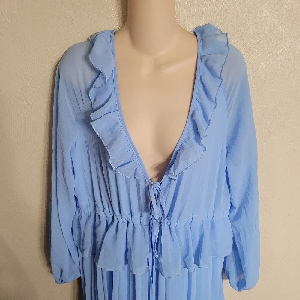 Boohoo Blue Pleated Long Sleeve Ruffle Midi Smock Dress Size Women's 6 NEW